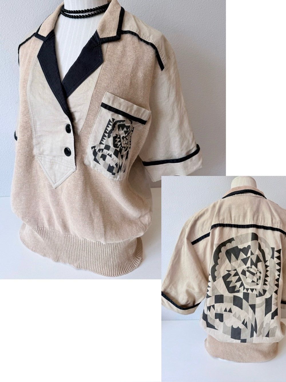 Vintage 80s Sideffects Mixed Media Abstract Sweater Top Ramie Cotton Geometric M